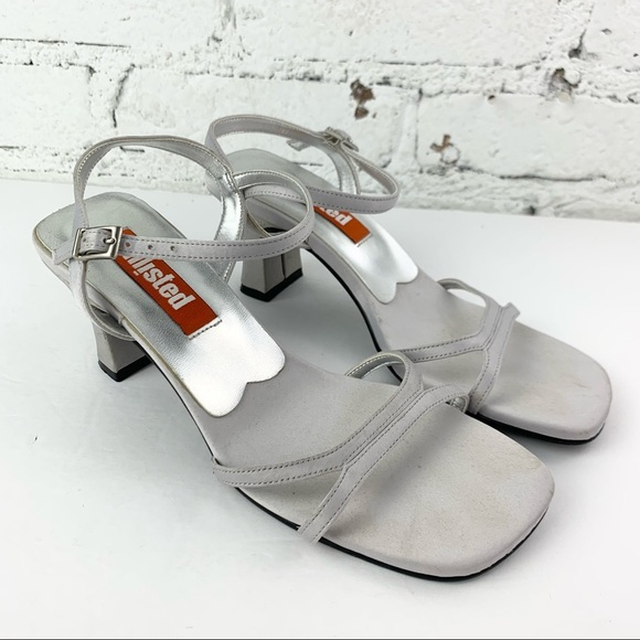 Unlisted Satin Grey Square Toe 90s Slingback Ankle Mini Heels 6 - Picture 4 of 12